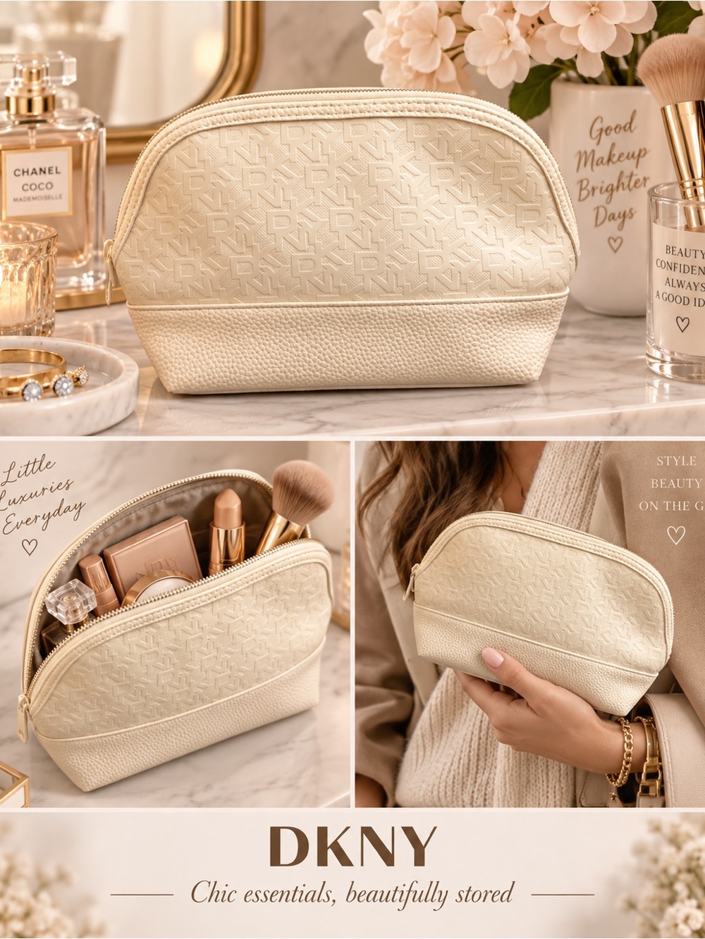 DKNY Cream Embossed Logo Cosmetic Pouch